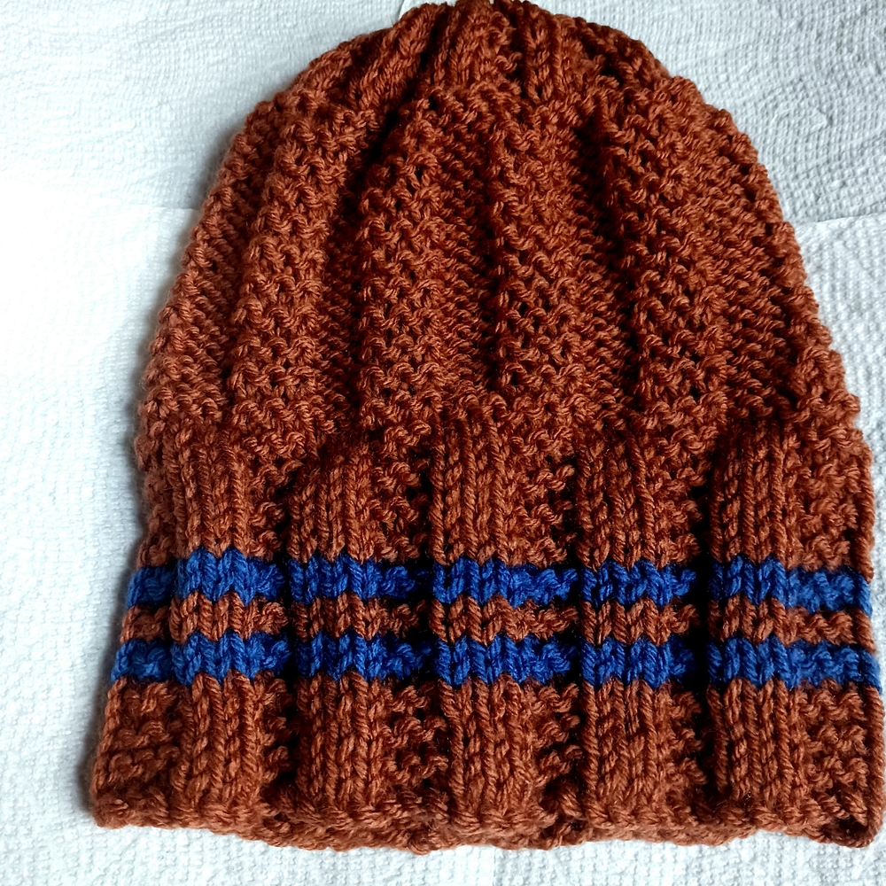 Warm Brown Knit Beanie with Blue Accents